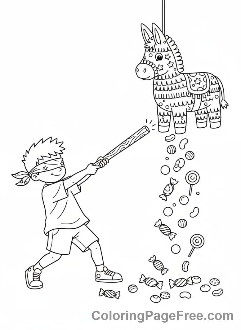 Birthday coloring page - Pinata breaking fun