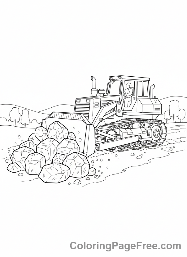 Bulldozer coloring page - Bulldozer pushing rocks