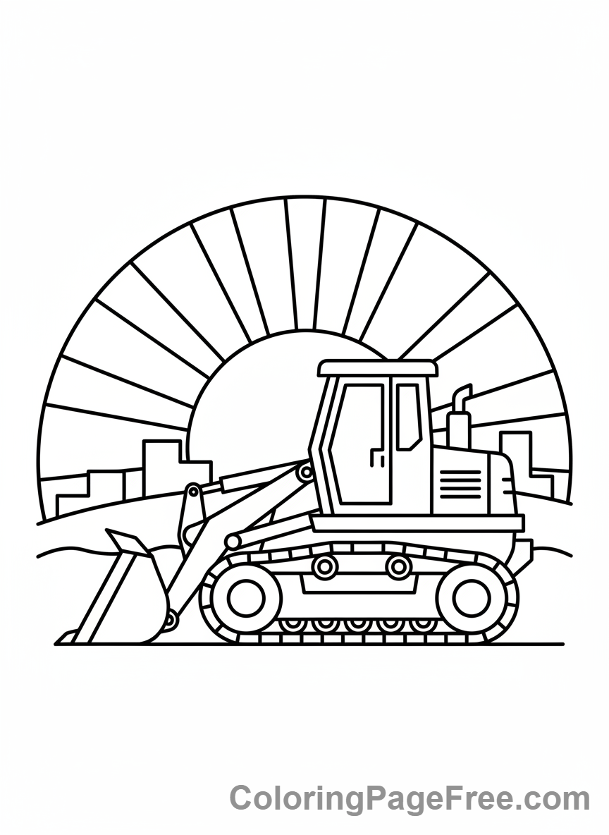 Bulldozer coloring page - Bulldozer sunset scene