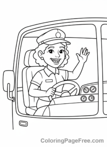 Bus coloring page - Driver waving close-up