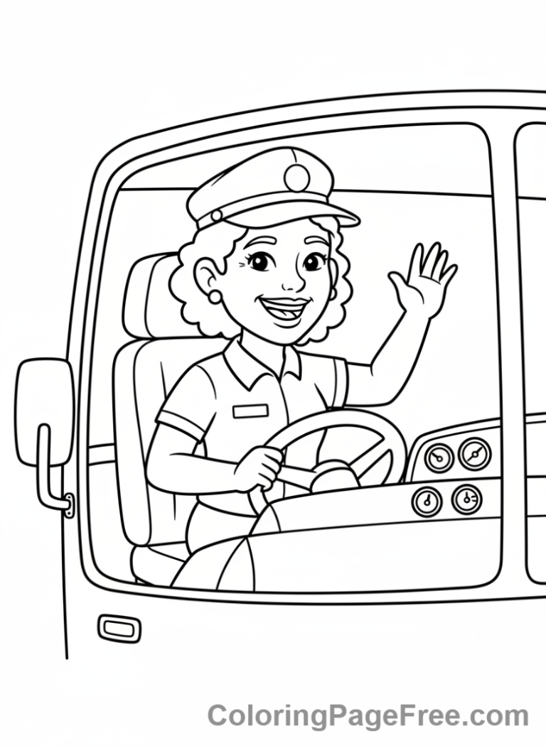 Bus coloring page - Driver waving close-up