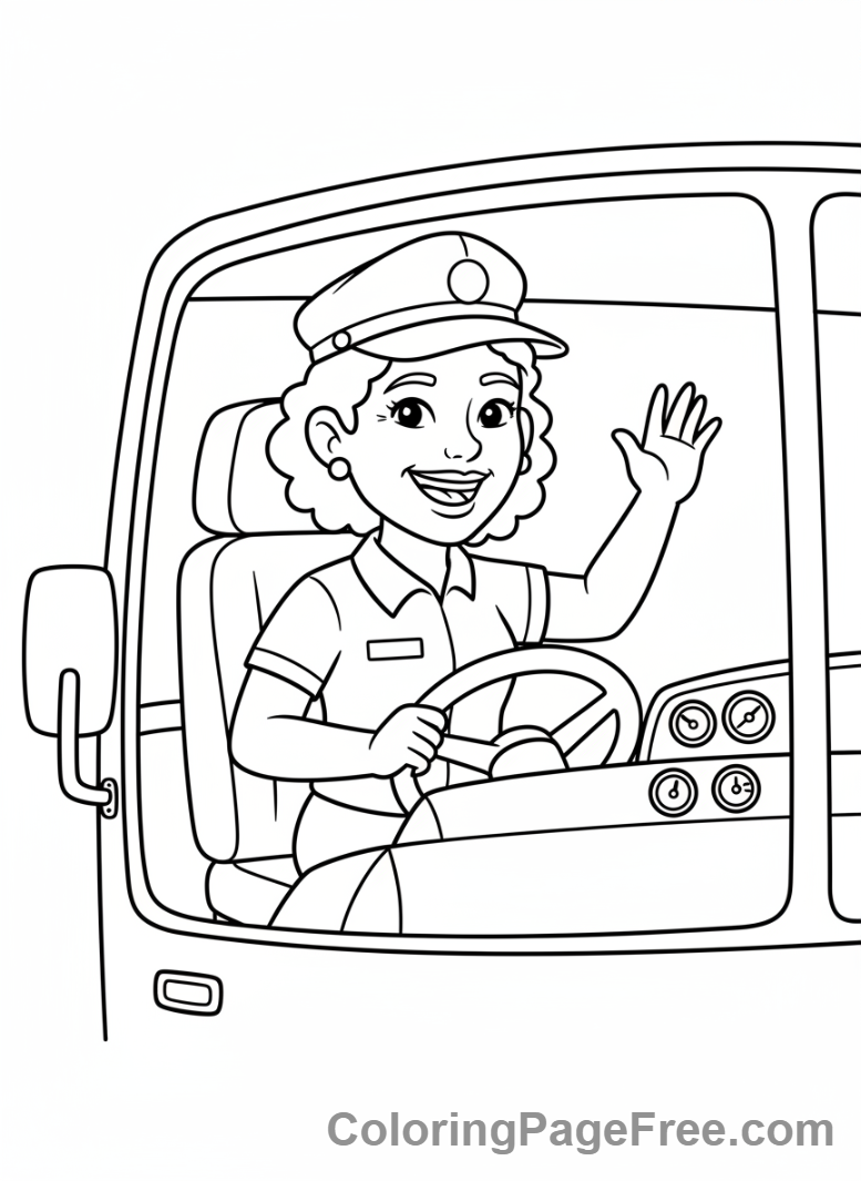 Bus coloring page - Driver waving close-up
