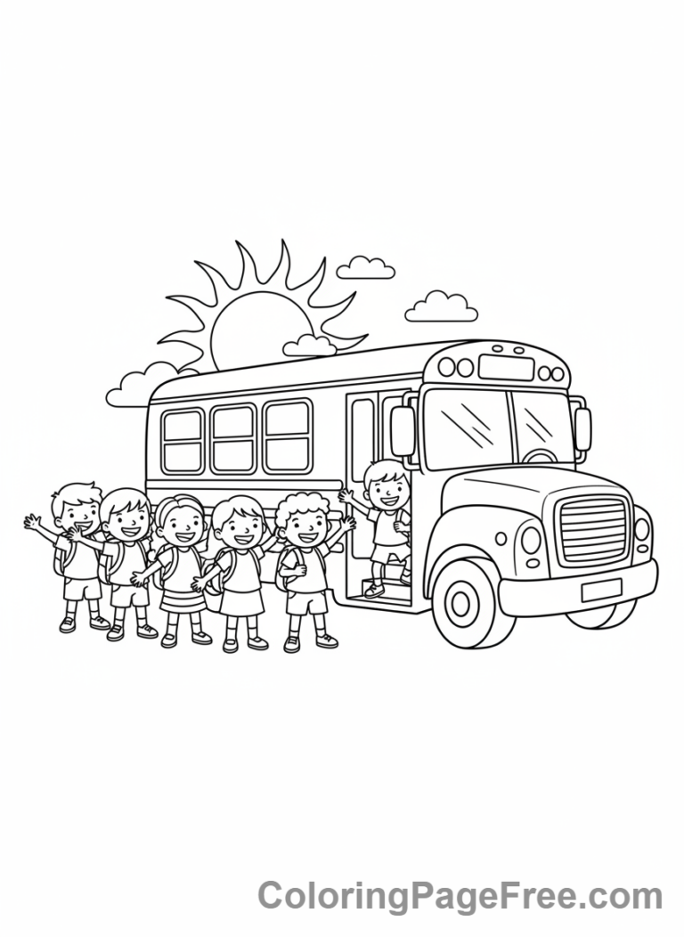 Bus coloring page - Kids boarding bus