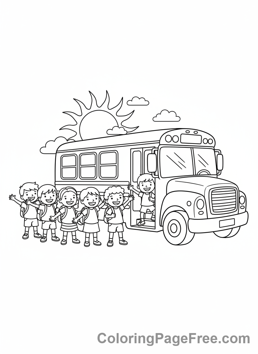 Bus coloring page - Kids boarding bus