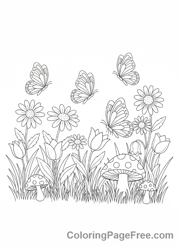 Butterfly coloring page - Butterfly garden scene