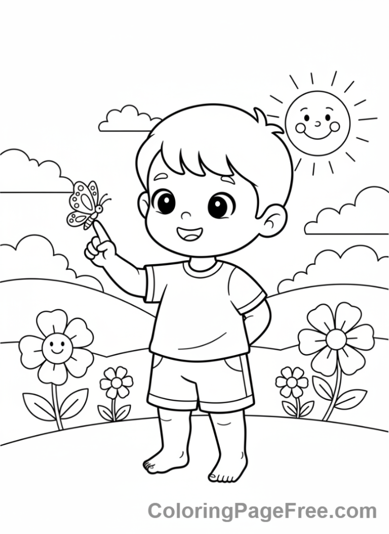Butterfly coloring page - Child with butterfly