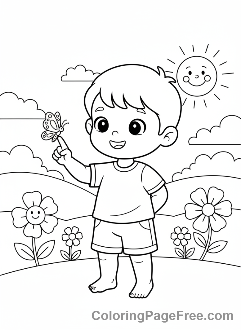 Butterfly coloring page - Child with butterfly