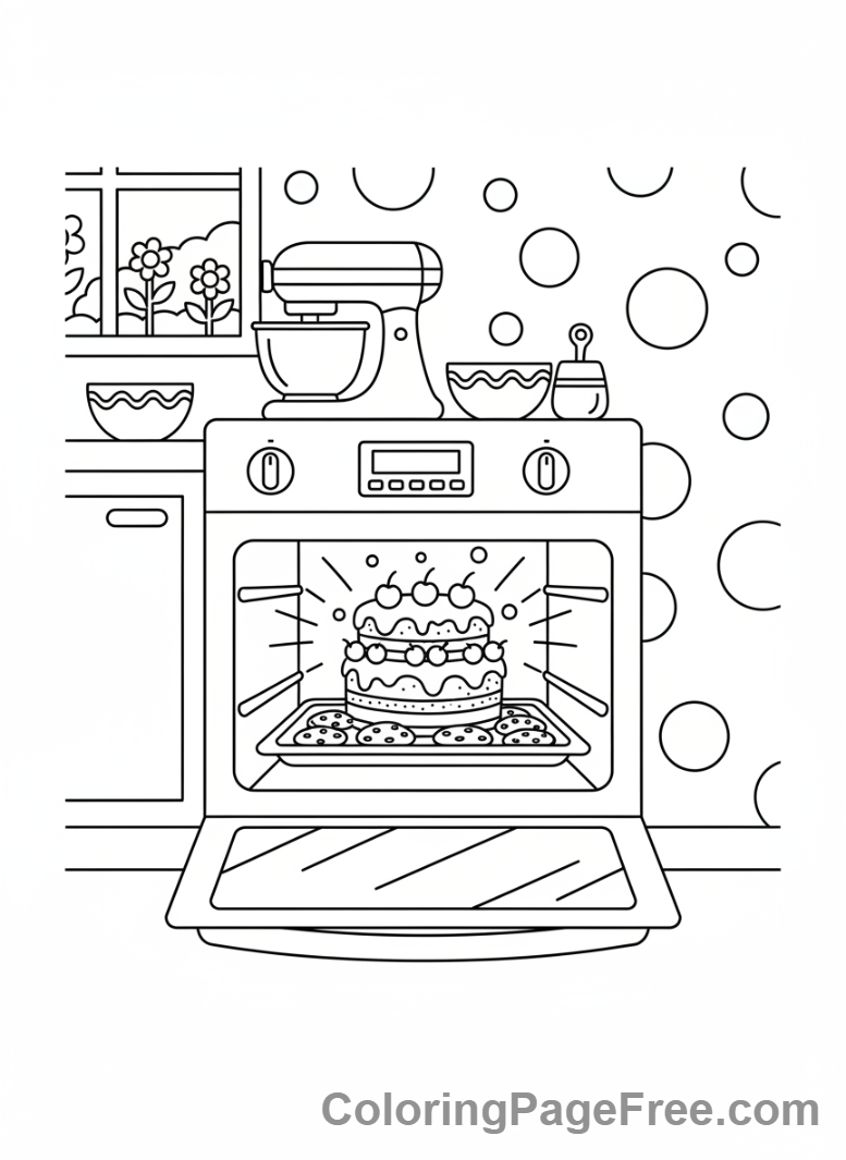 Cake coloring page - Cake baking oven