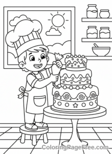 Cake coloring page - Child decorates cake
