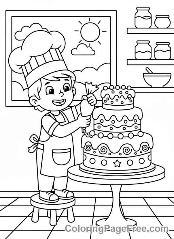 Cake coloring page - Child decorates cake