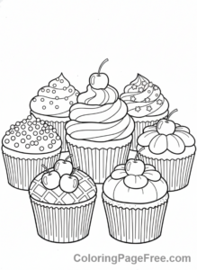 Cake coloring page - Cupcakes various toppings