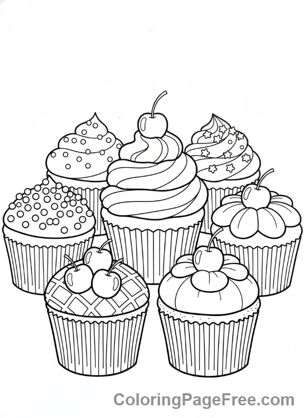 Cake coloring page - Cupcakes various toppings