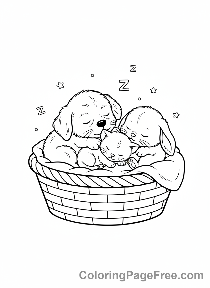 Calming coloring page - Baby animals sleeping