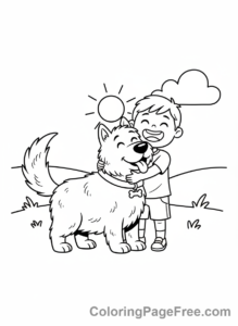 Calming coloring page - Child hugging dog