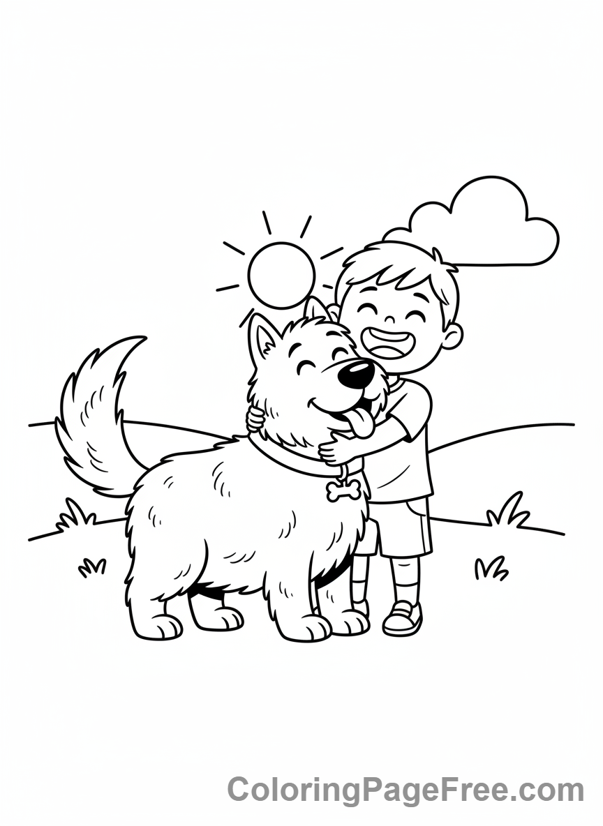 Calming coloring page - Child hugging dog