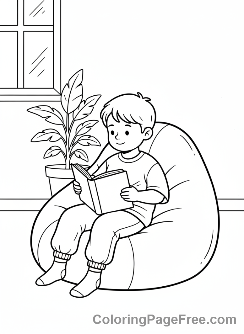 Calming coloring page - Child reading peacefully