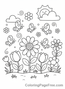 Calming coloring page - Garden butterflies flowers