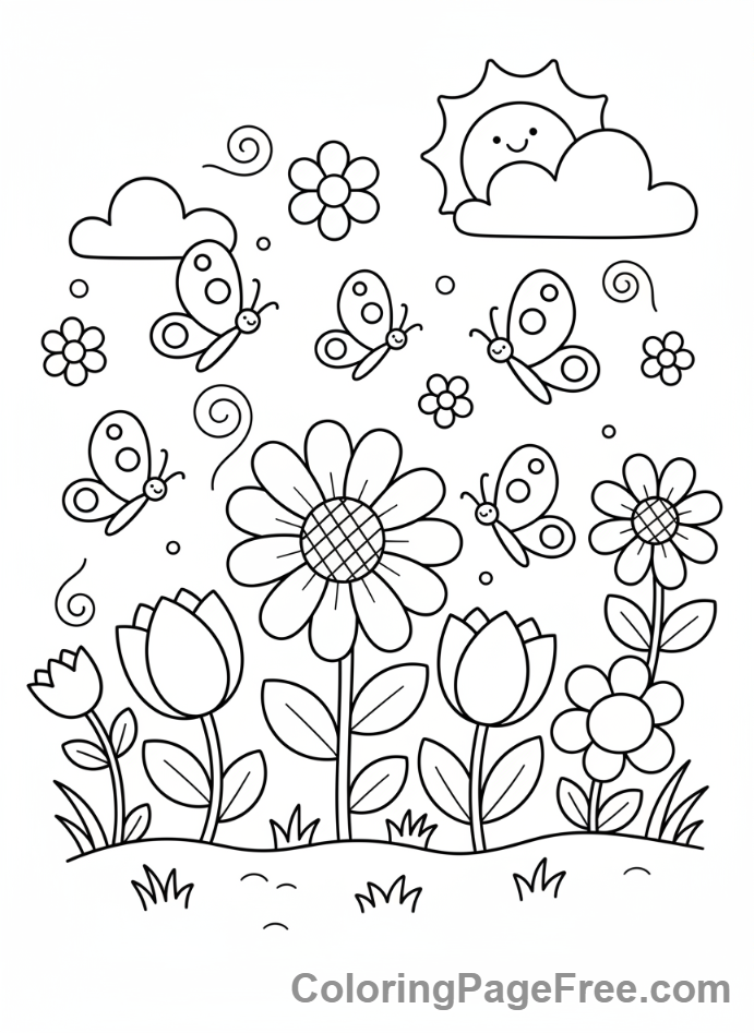 Calming coloring page - Garden butterflies flowers