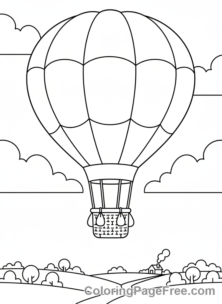 Calming coloring page - Hot air balloon floating
