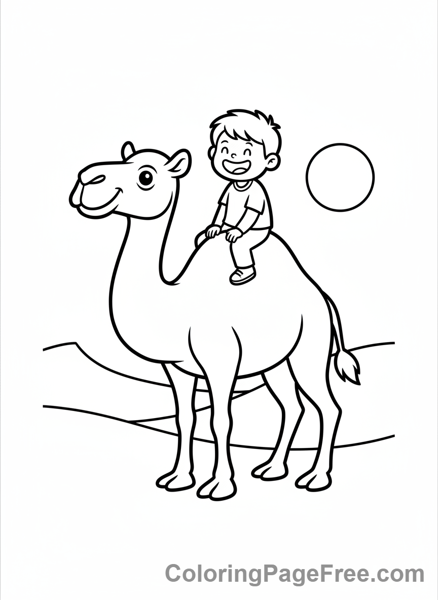 Camel coloring page - Child Rides Camel