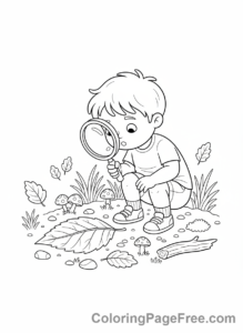 Camping coloring page - Examining Leaf Nature