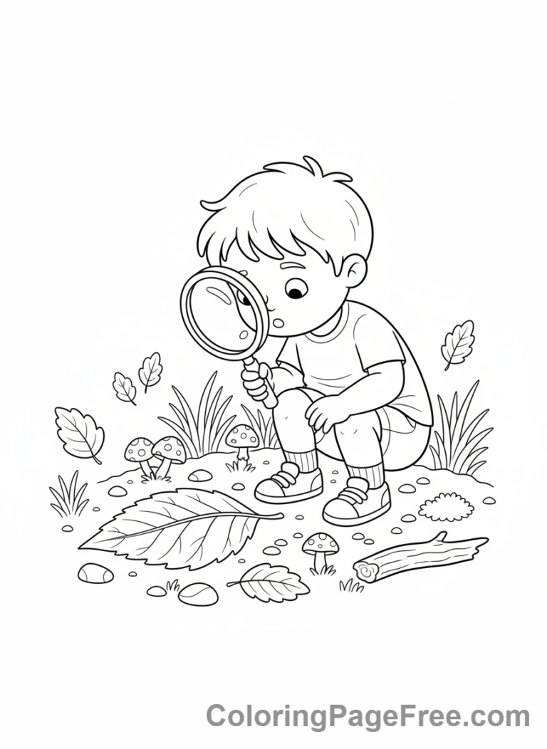 Camping coloring page - Examining Leaf Nature