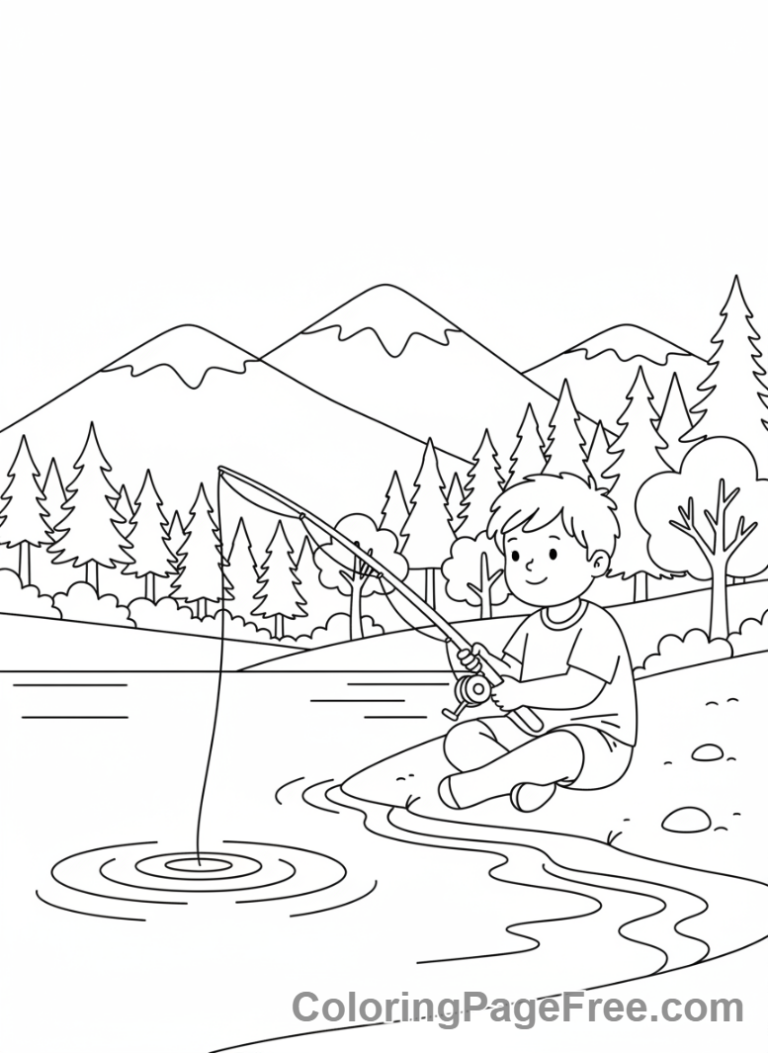 Camping coloring page - Kid Fishing Lake