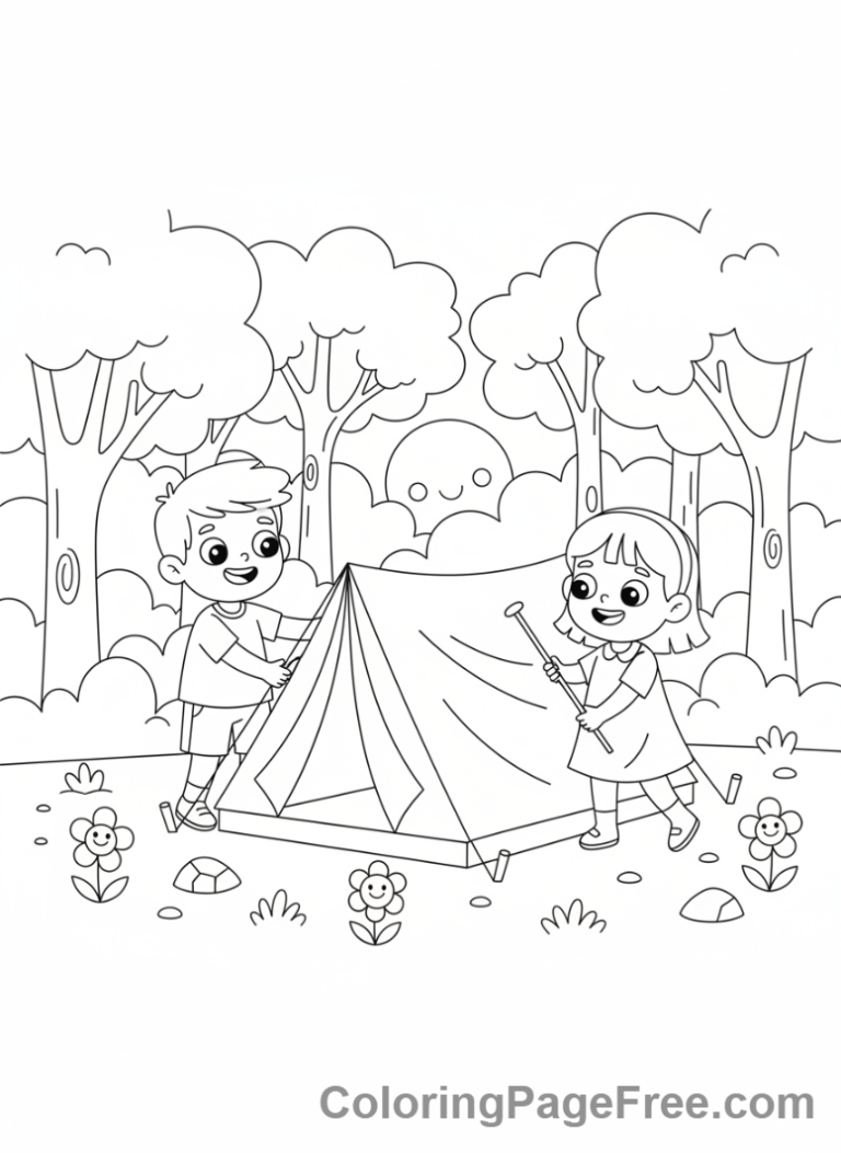 Camping coloring page - Kids Tent Setup