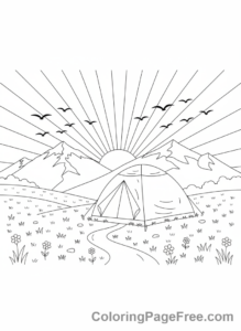 Camping coloring page - Tent Sunrise Mountains