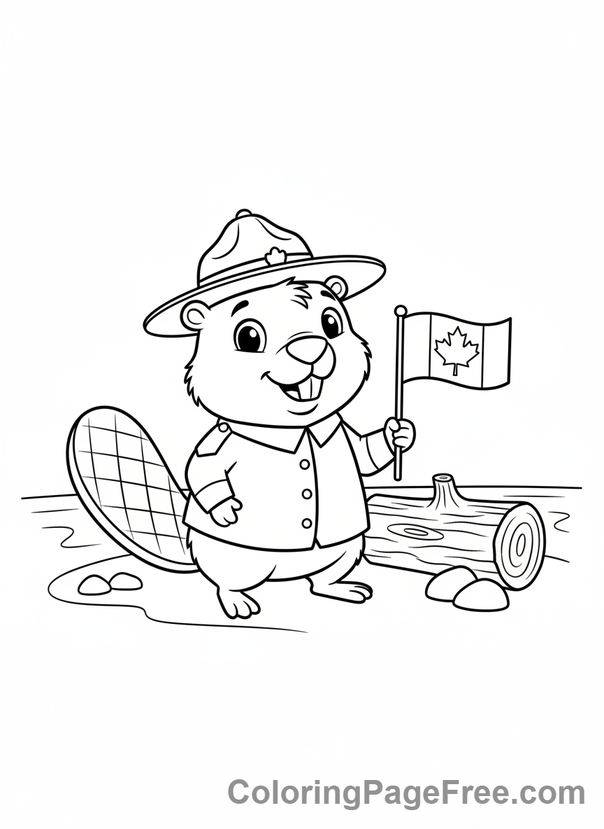 Canadian Flag coloring page - Beaver holding flag