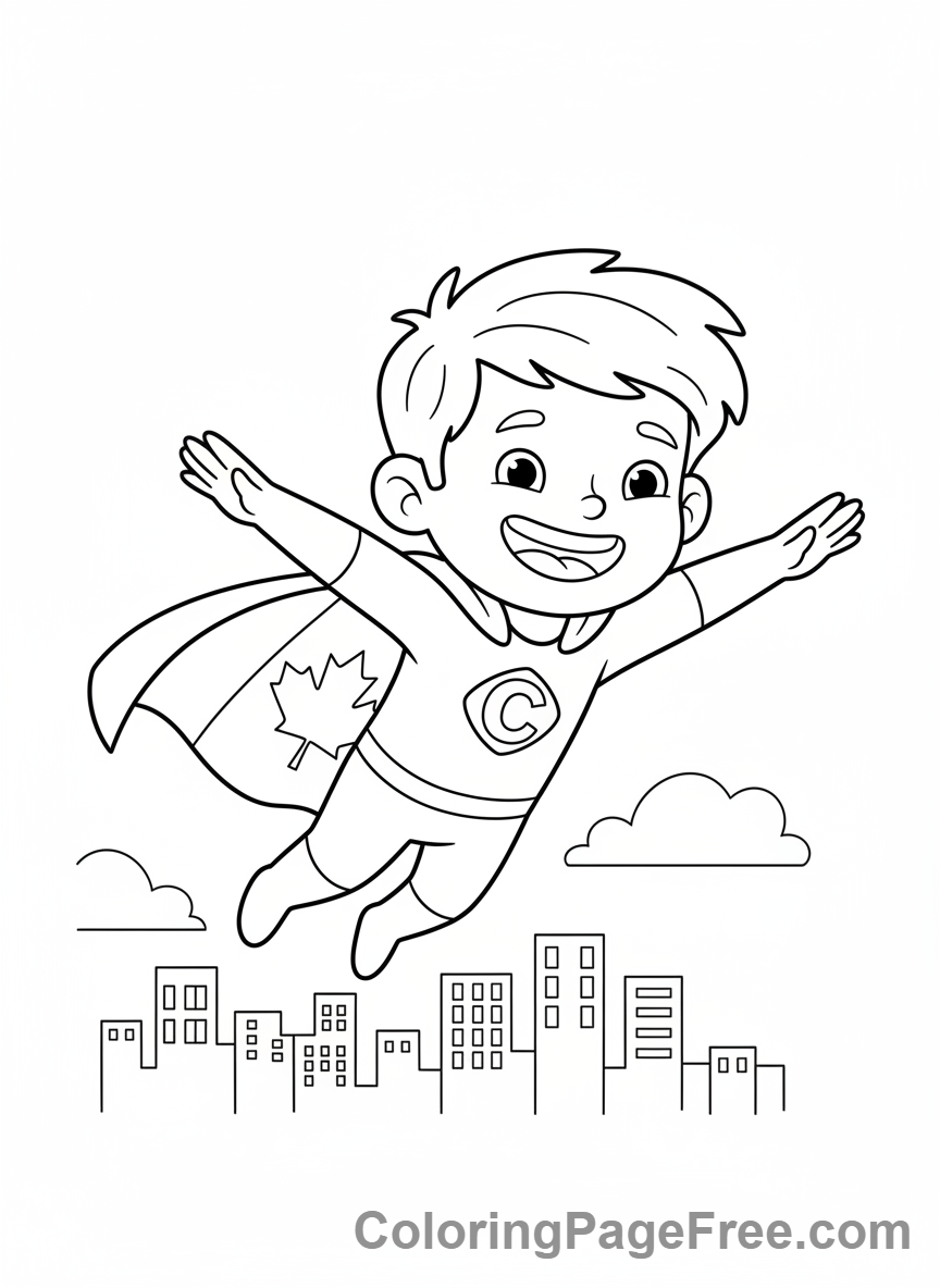 Canadian Flag coloring page - Child with flag cape