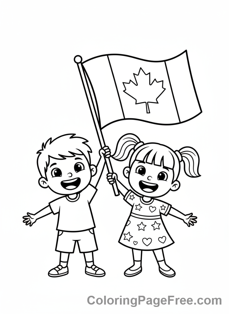 Canadian Flag coloring page - Kids holding flag