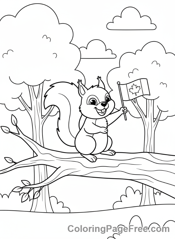 Canadian Flag coloring page - Squirrel waving flag