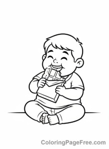 Candy coloring page - Boy eating candy bar