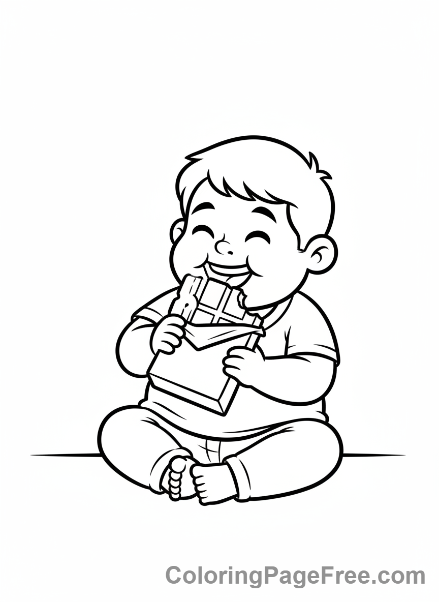 Candy coloring page - Boy eating candy bar