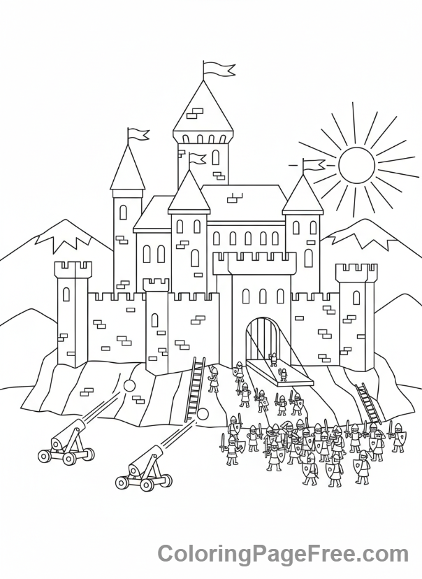 Castle coloring page - Castle siege view