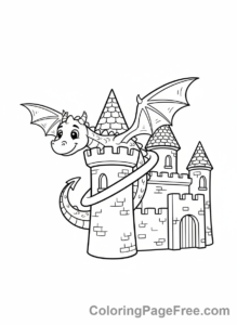 Castle coloring page - Dragon near castle