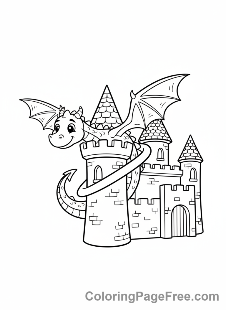 Castle coloring page - Dragon near castle