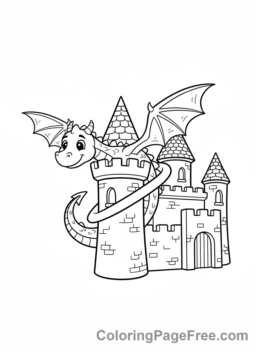 Castle coloring page - Dragon near castle