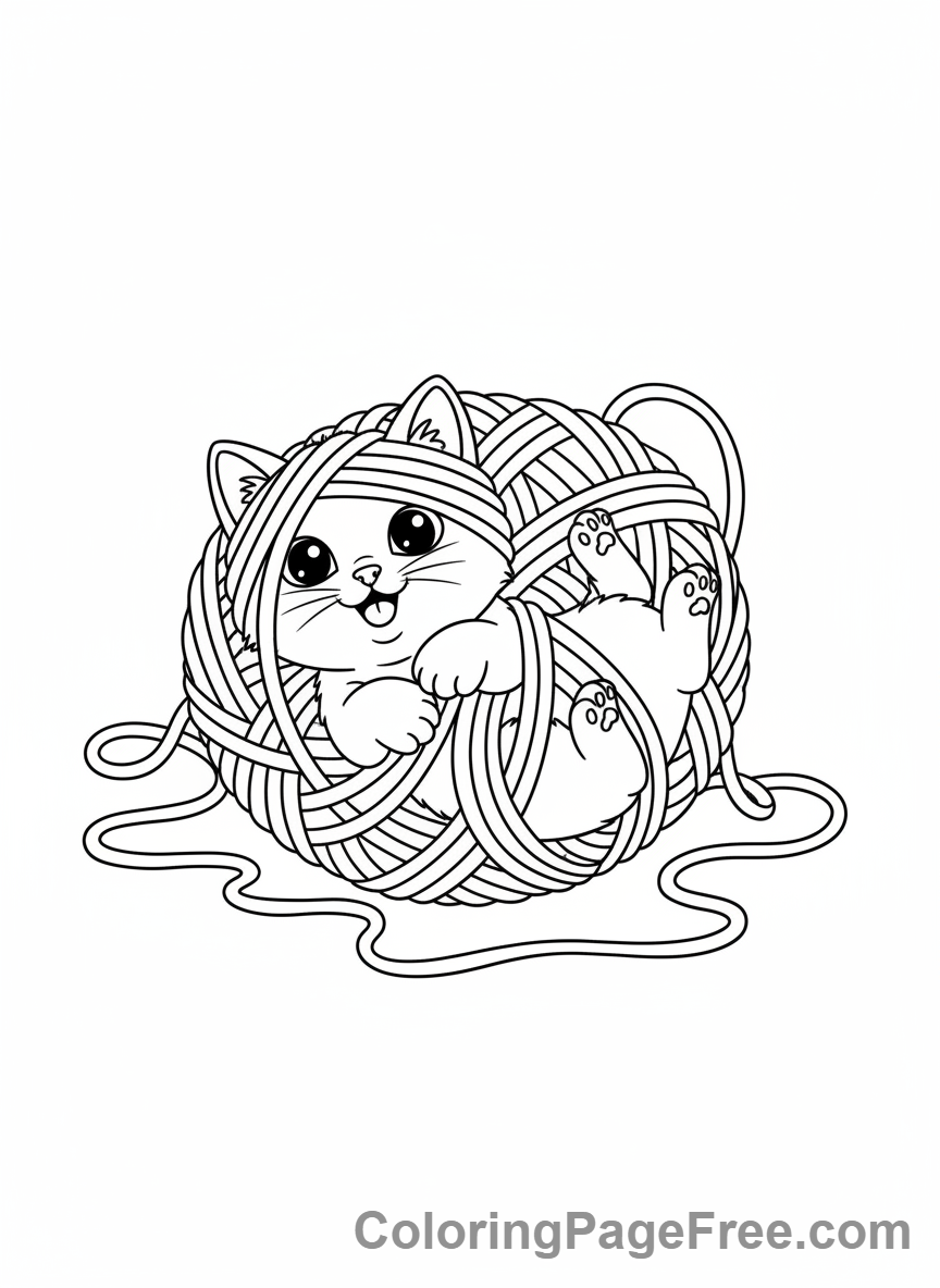 Cat coloring page - Kitten playing yarn