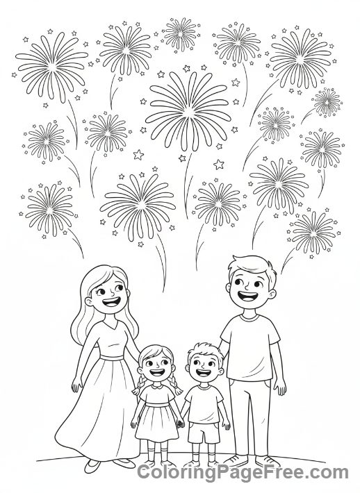 Celebrations coloring page - Family watching fireworks