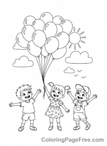 Celebrations coloring page - Kids releasing balloons