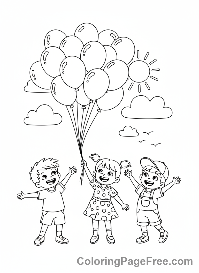 Celebrations coloring page - Kids releasing balloons
