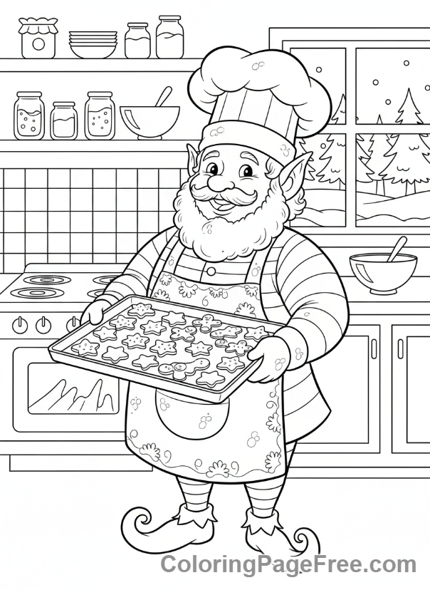 Christmas Elf coloring page - Elf bakes cookies