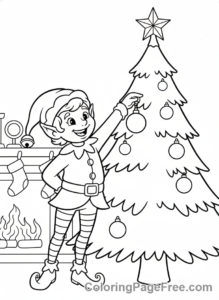Christmas Elf coloring page - Elf decorates tree