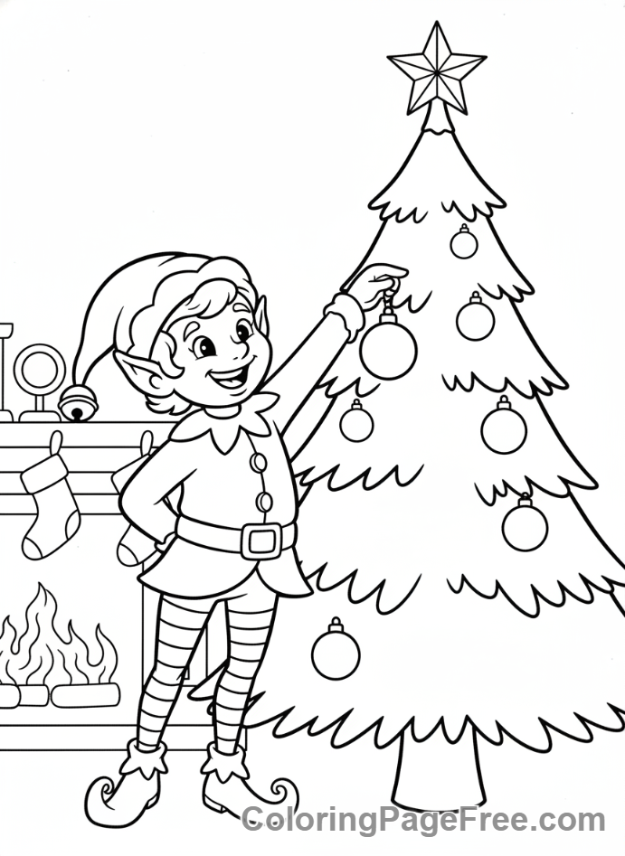 Christmas Elf coloring page - Elf decorates tree