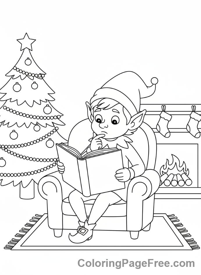 Christmas Elf coloring page - Elf reads book