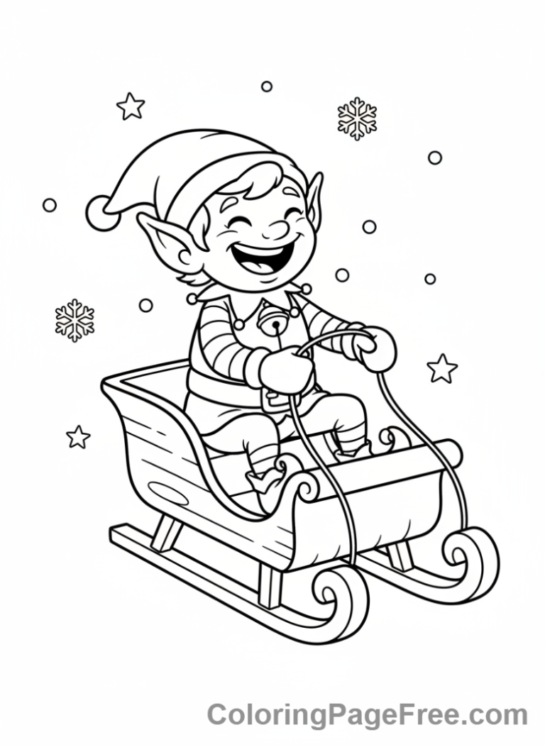 Christmas Elf coloring page - Elf rides sleigh