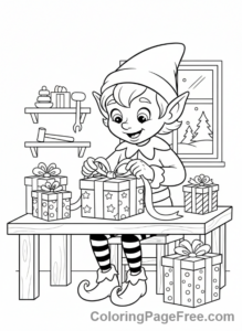 Christmas Elf coloring page - Elf wraps gifts