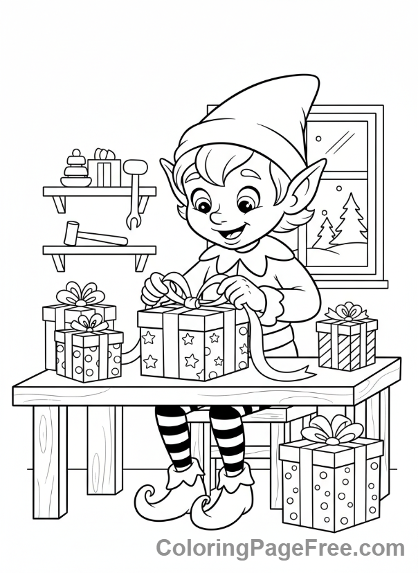 Christmas Elf coloring page - Elf wraps gifts